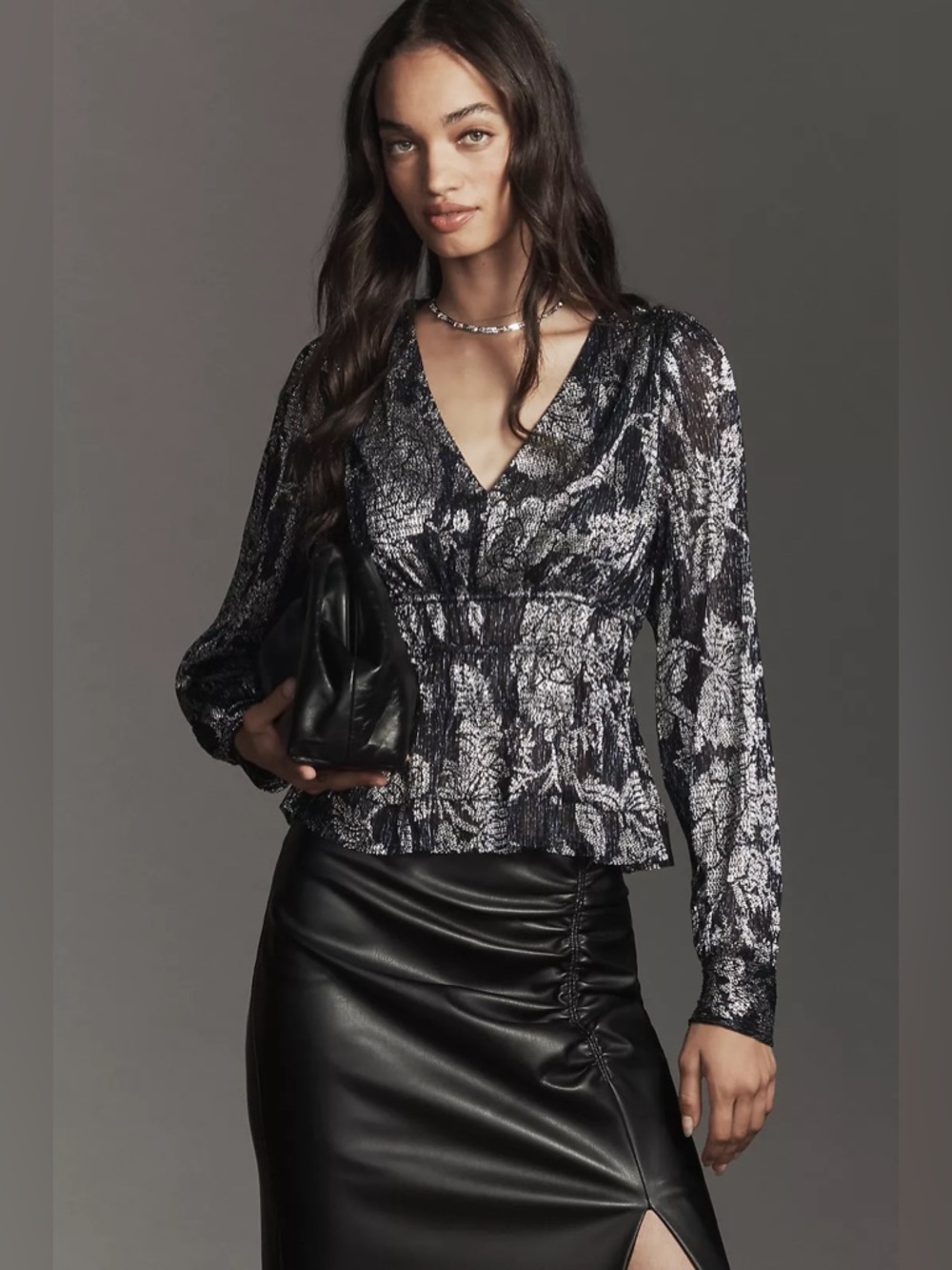 By Anthropologie Metallic Smocked Long-Sleeve Shirt